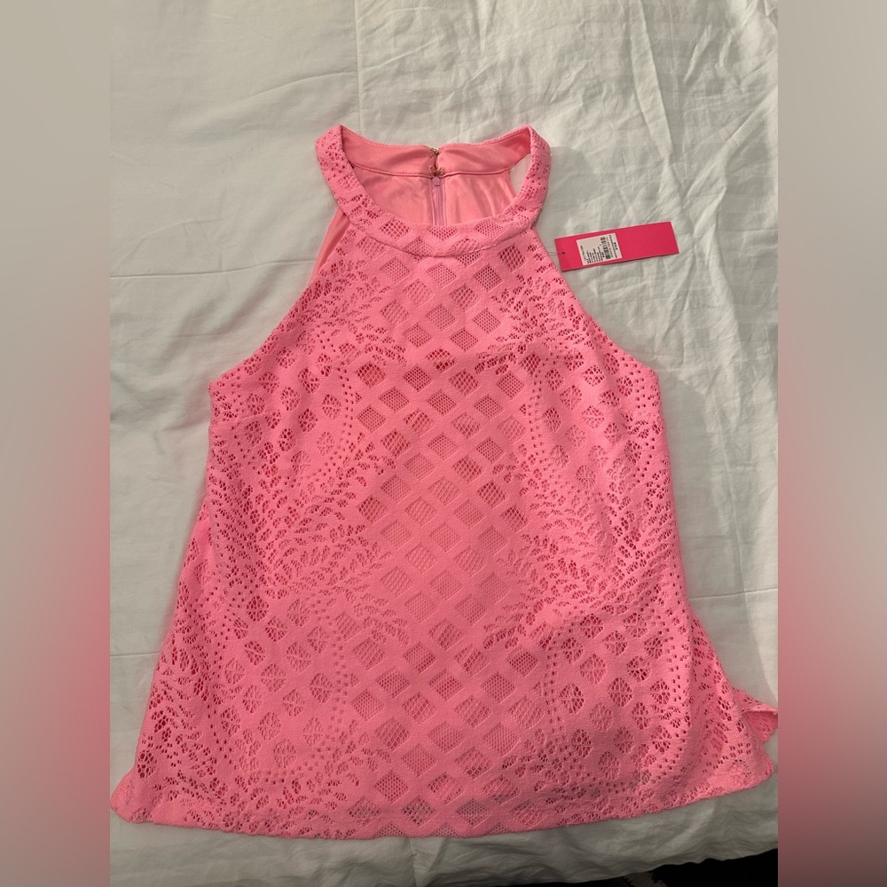 NWT LILLY PULITZER Rayanne Top, Pelican Pink Pineapple Geo Lace, Size Large